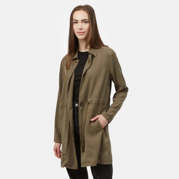 Tentree Olive Green Soft Tencel Lyocell Trench Coat Jacket Large L - Picture 1 of 10